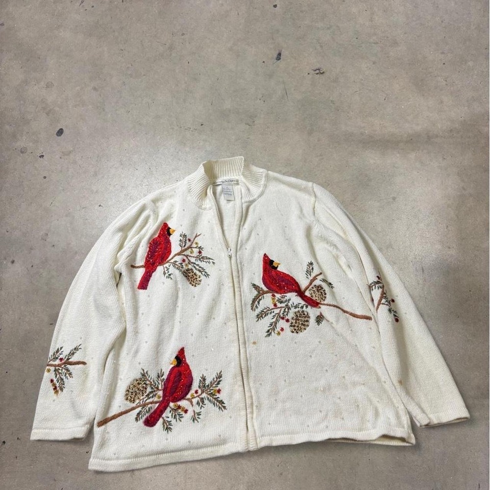 Vintage Carly St. Claire White Cardinal Zip Up Sweater Sequin Embroidered 1X
